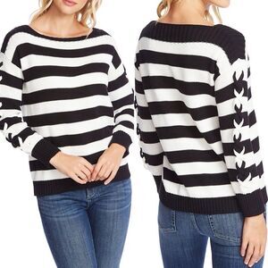 Cece Black Striped Long Sleeve Boat Neck Sweater
